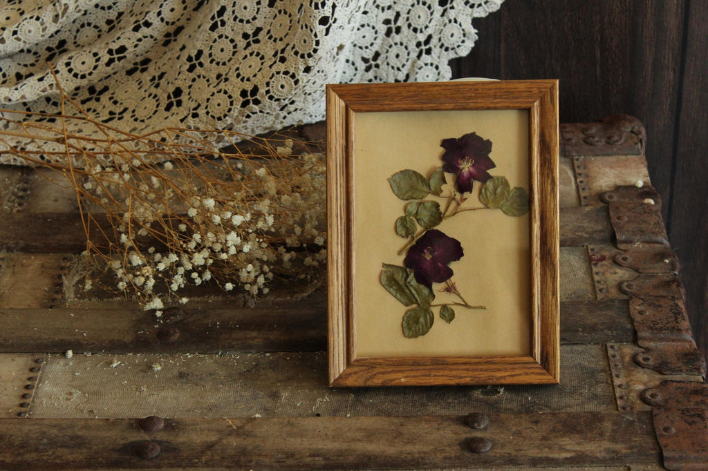 Handmade Pressed Dried Flower Roses in Vintage Wood Frame
