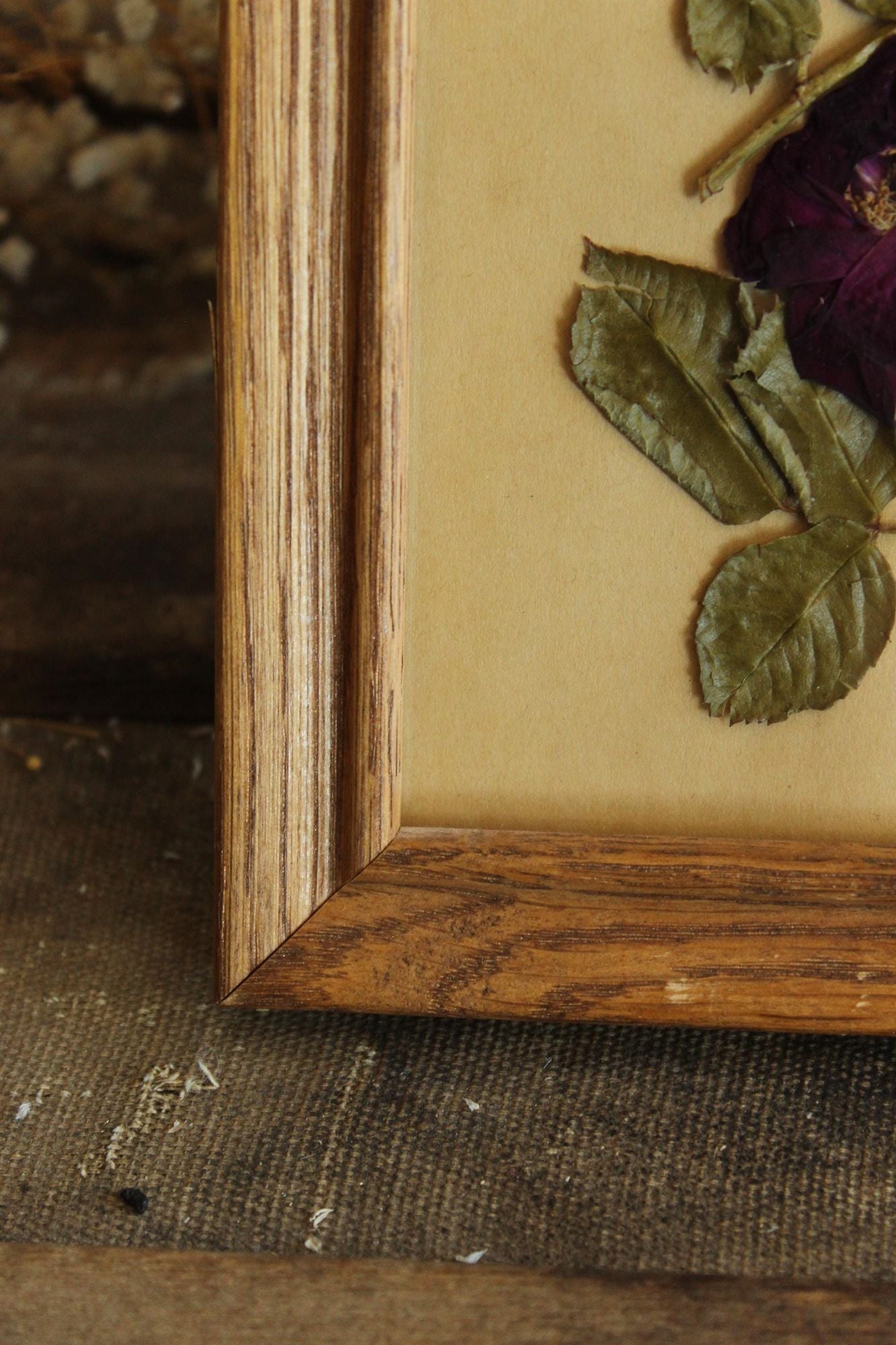 Handmade Pressed Dried Flower Roses in Vintage Wood Frame