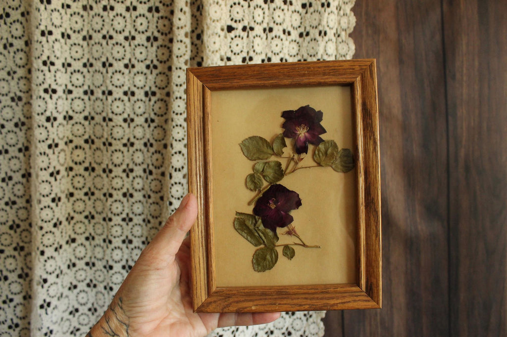 Handmade Pressed Dried Flower Roses in Vintage Wood Frame