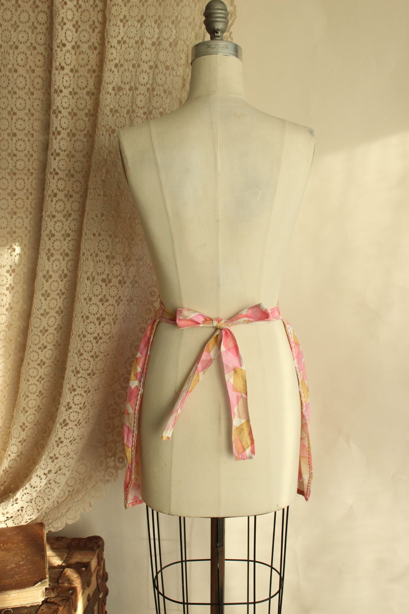 Vintage 1960s Pink and Yellow Geometric Print Cotton Half Apron