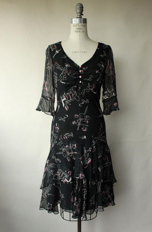 Vintage 1990s Ice Black Silk Cafe Print Dress