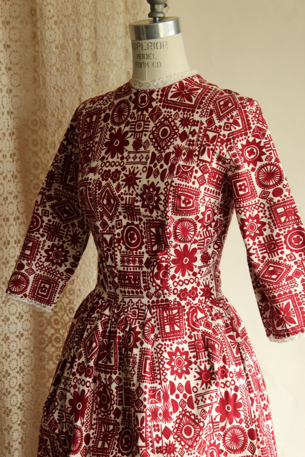 Vintage 1950s Dress, Red and White Cotton Fit and Flare with Lace Trim