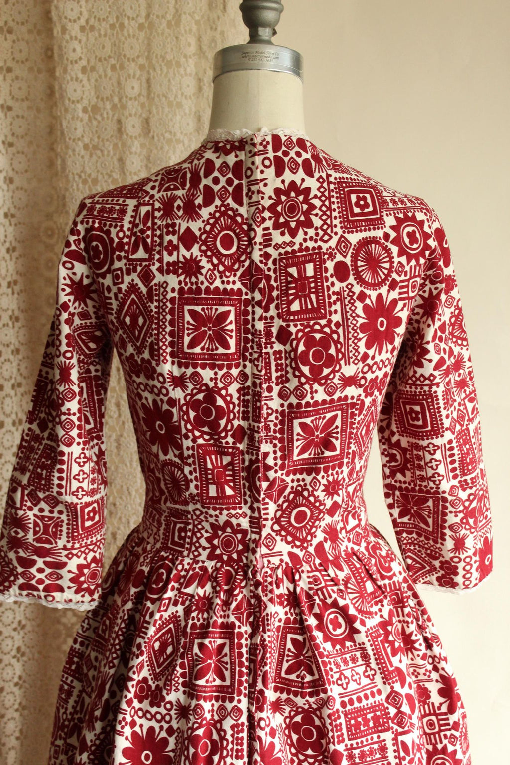 Vintage 1950s Dress, Red and White Cotton Fit and Flare with Lace Trim