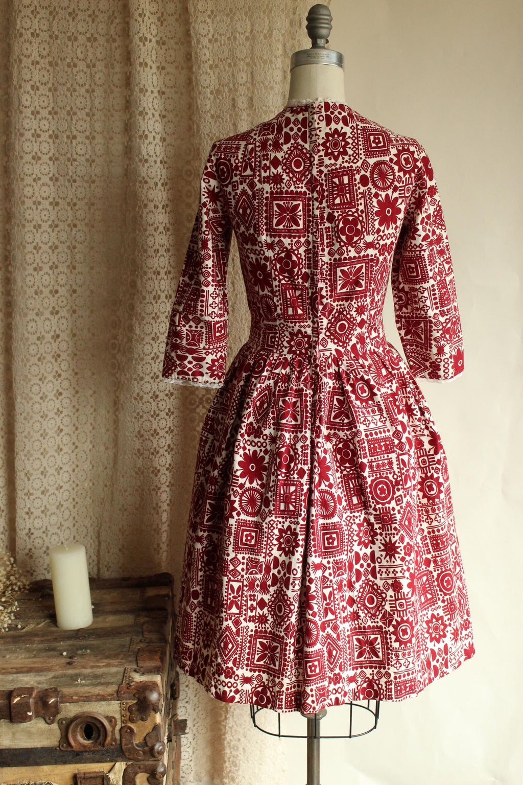 Vintage 1950s Dress, Red and White Cotton Fit and Flare with Lace Trim