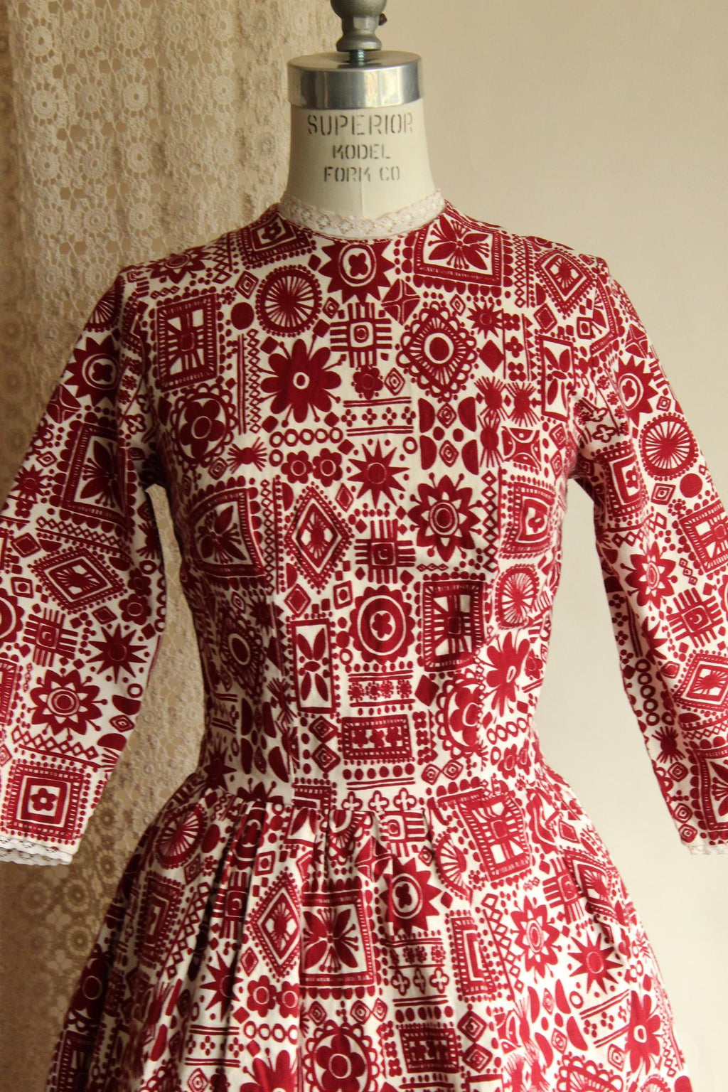Vintage 1950s Dress, Red and White Cotton Fit and Flare with Lace Trim