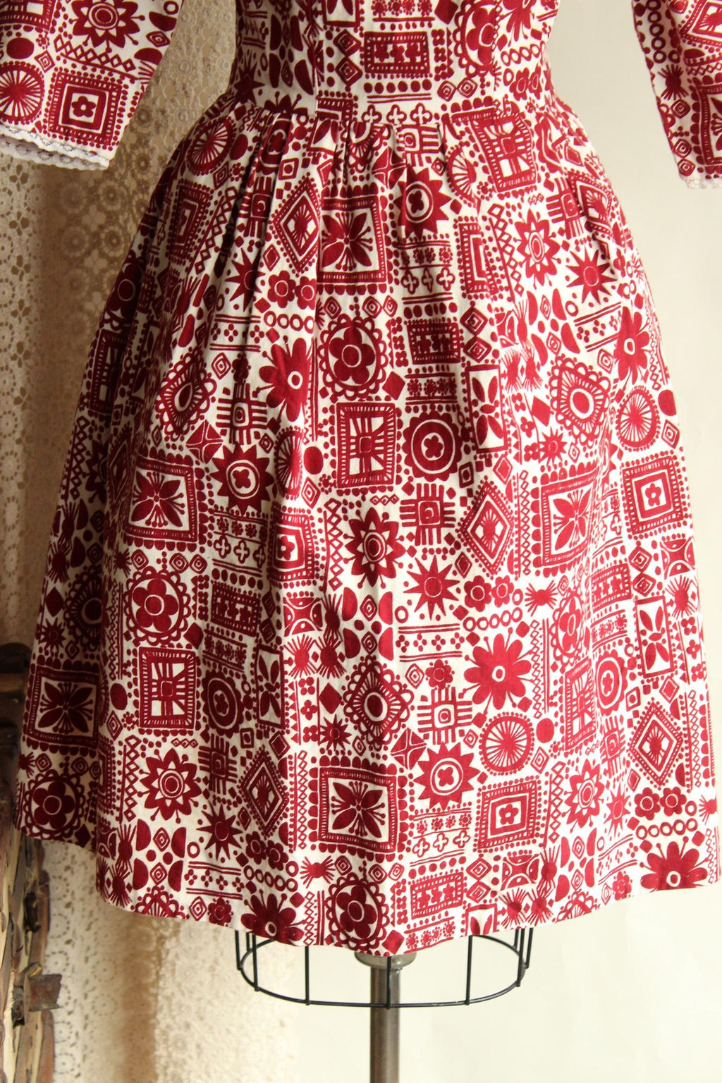 Vintage 1950s Dress, Red and White Cotton Fit and Flare with Lace Trim