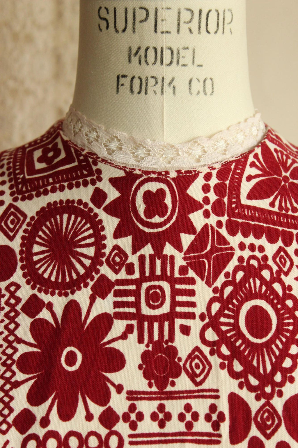 Vintage 1950s Dress, Red and White Cotton Fit and Flare with Lace Trim
