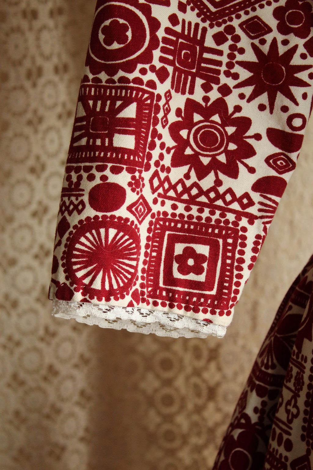 Vintage 1950s Dress, Red and White Cotton Fit and Flare with Lace Trim