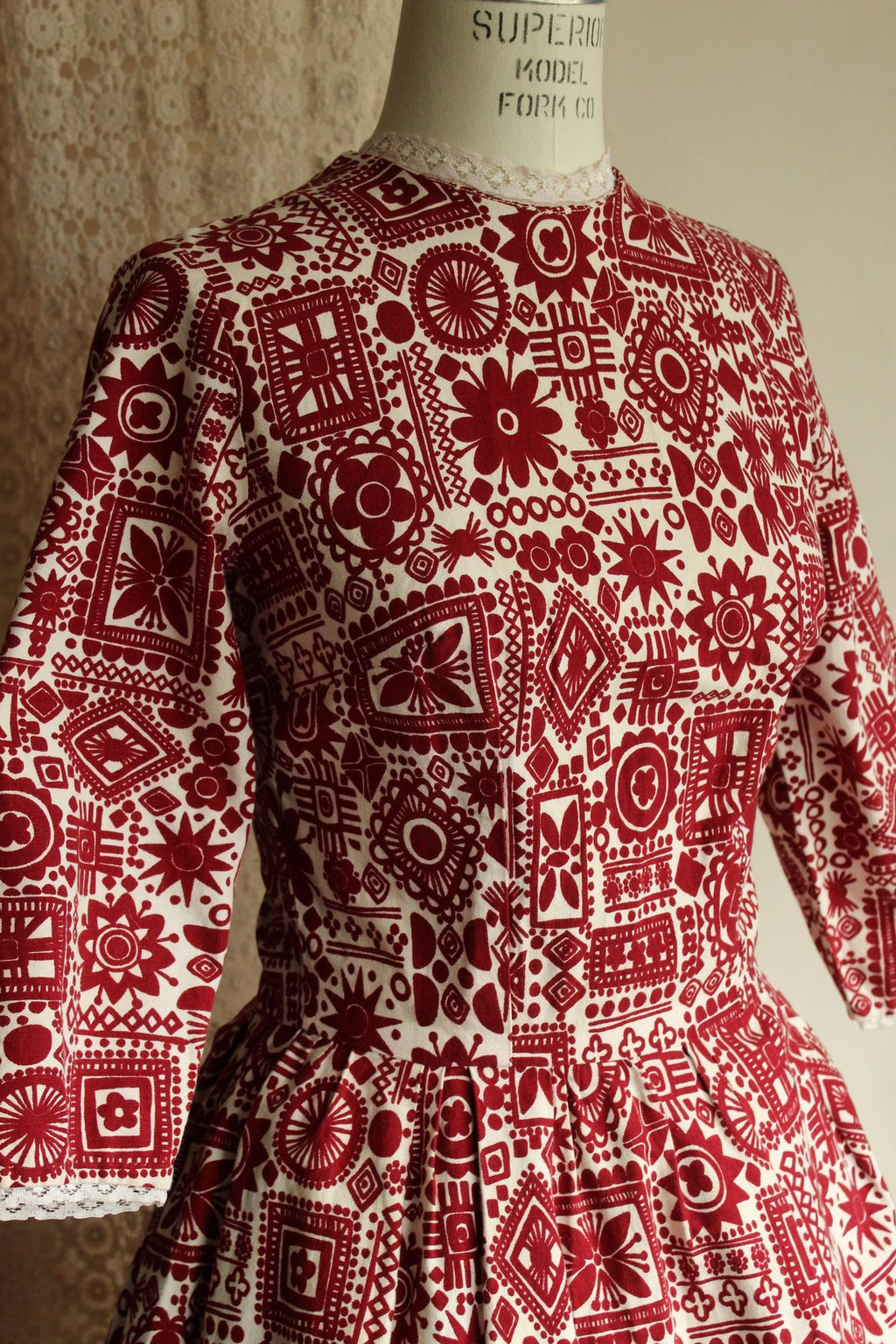 Vintage 1950s Dress, Red and White Cotton Fit and Flare with Lace Trim