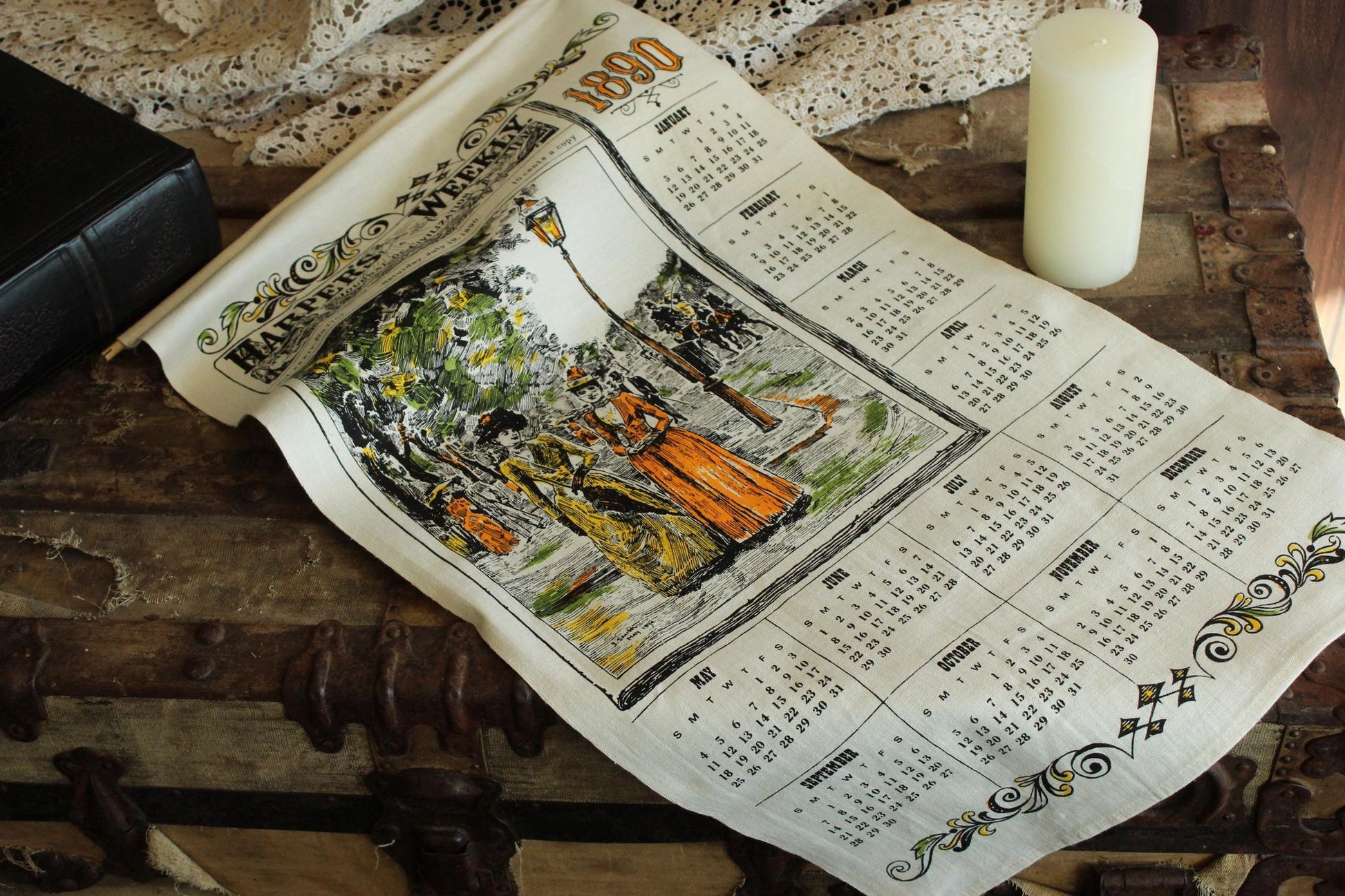 Vintage 1970s Calendar Towel, 1890 Linen Victorian Print with Hanging Rod
