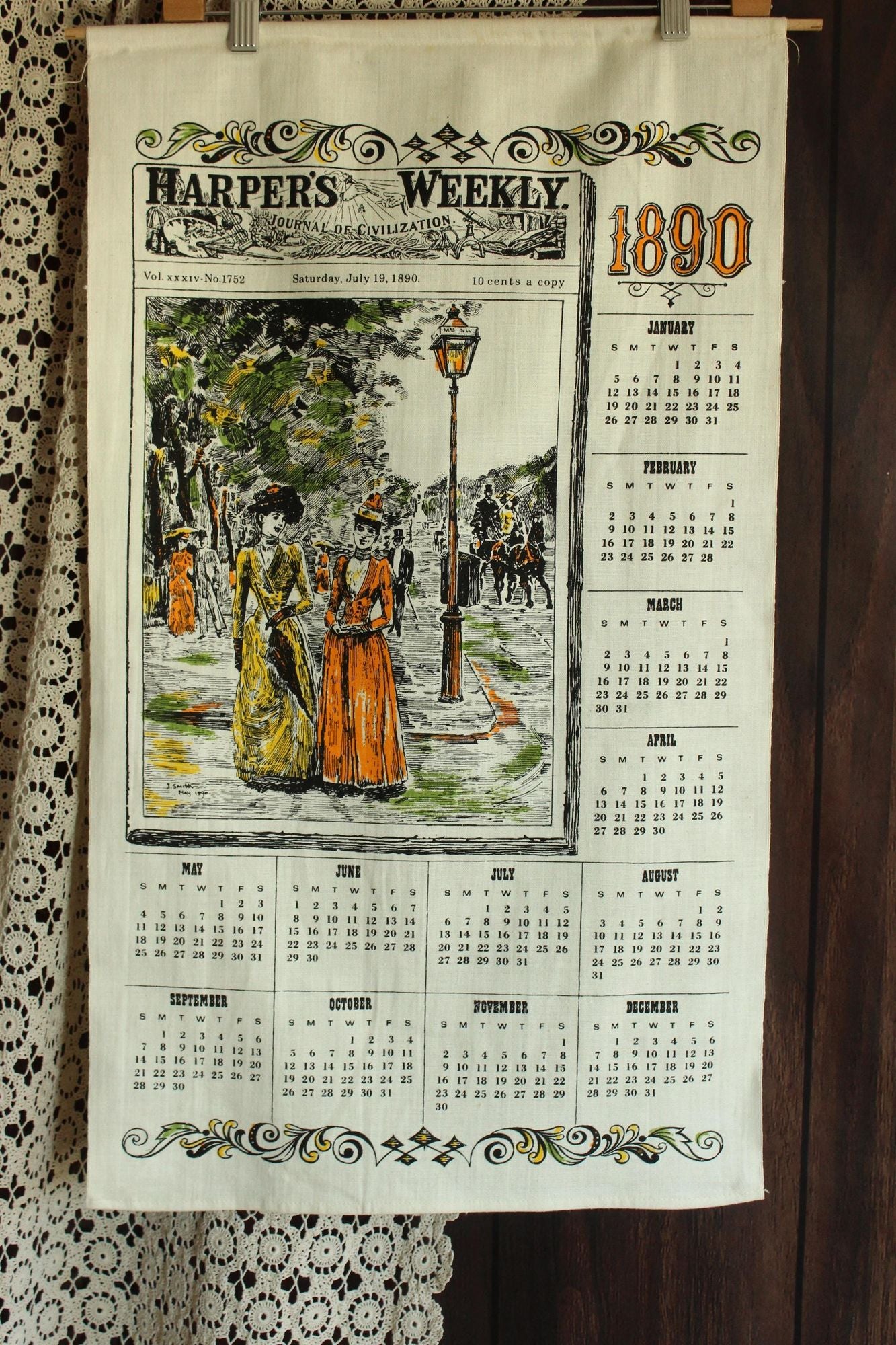 Vintage 1970s Calendar Towel, 1890 Linen Victorian Print with Hanging Rod