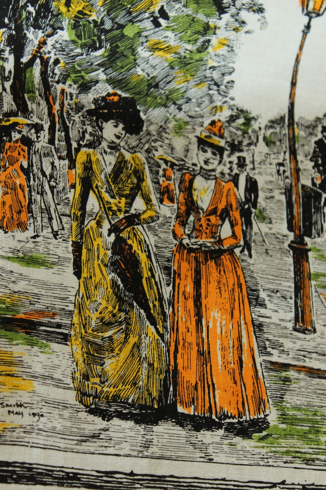 Vintage 1970s Calendar Towel, 1890 Linen Victorian Print with Hanging Rod