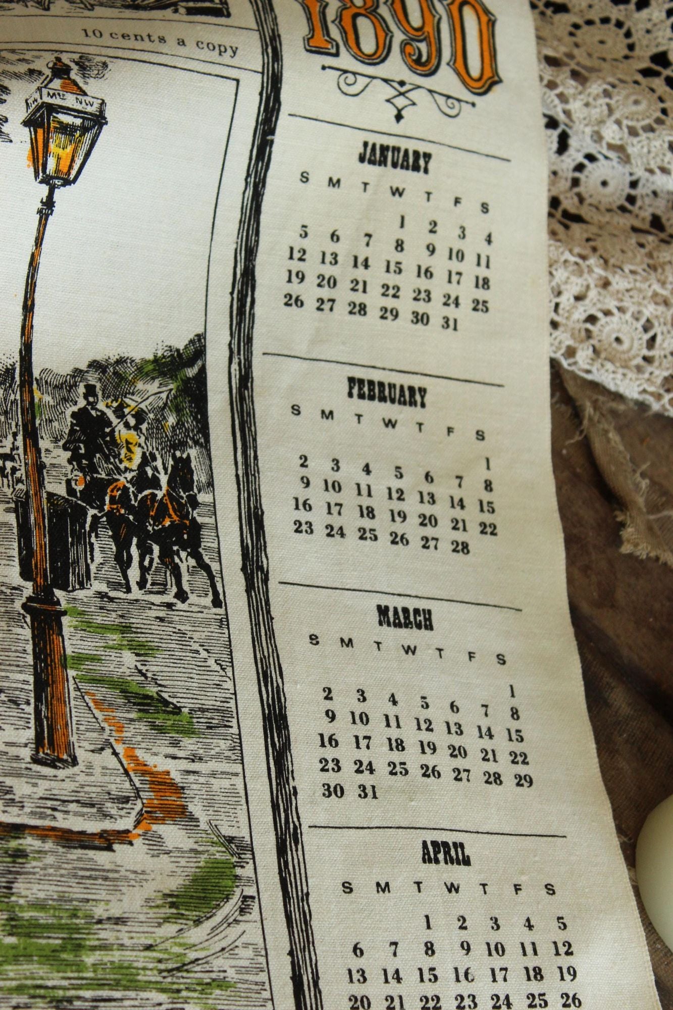 Vintage 1970s Calendar Towel, 1890 Linen Victorian Print with Hanging Rod