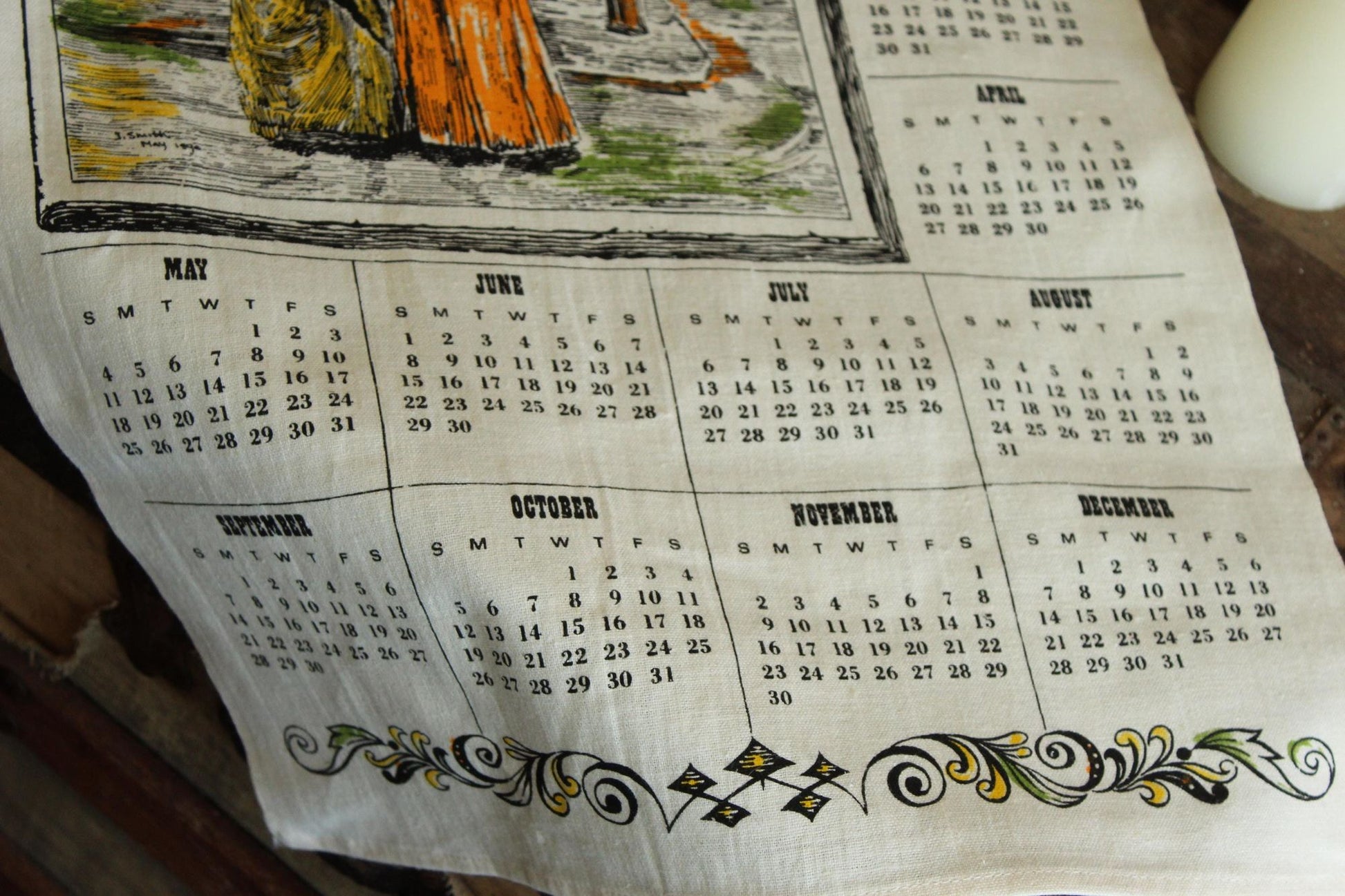 Vintage 1970s Calendar Towel, 1890 Linen Victorian Print with Hanging Rod