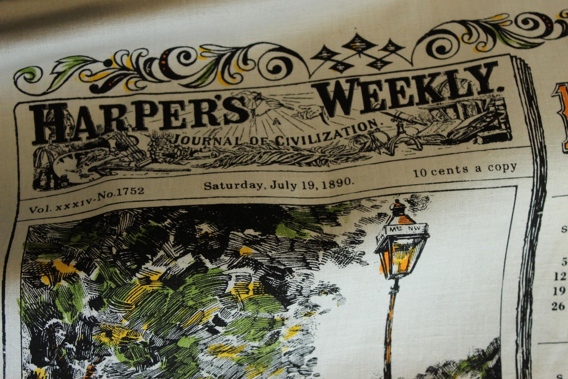 Vintage 1970s Calendar Towel, 1890 Linen Victorian Print with Hanging Rod