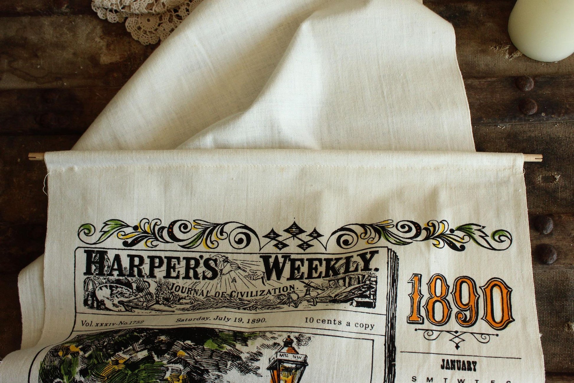 Vintage 1970s Calendar Towel, 1890 Linen Victorian Print with Hanging Rod