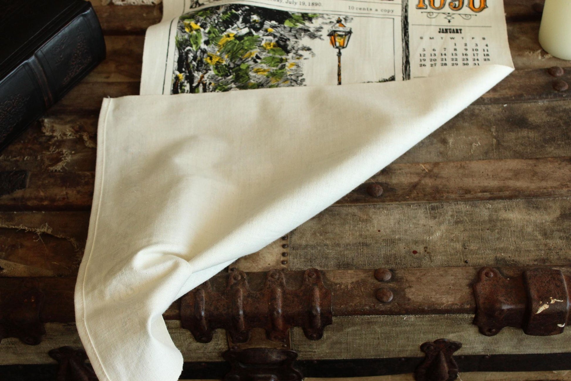 Vintage 1970s Calendar Towel, 1890 Linen Victorian Print with Hanging Rod