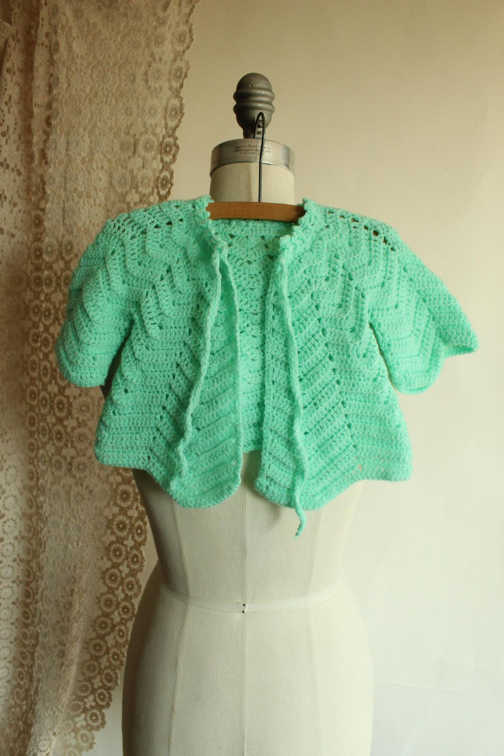 Vintage 1950s Mint Green Knit Baby Cardigan with Tie Neck
