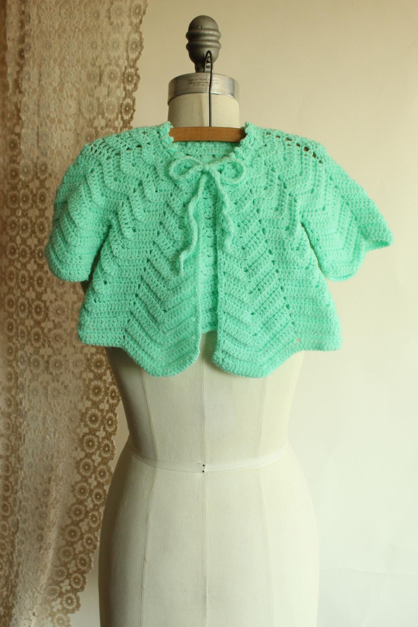Vintage 1950s Mint Green Knit Baby Cardigan with Tie Neck
