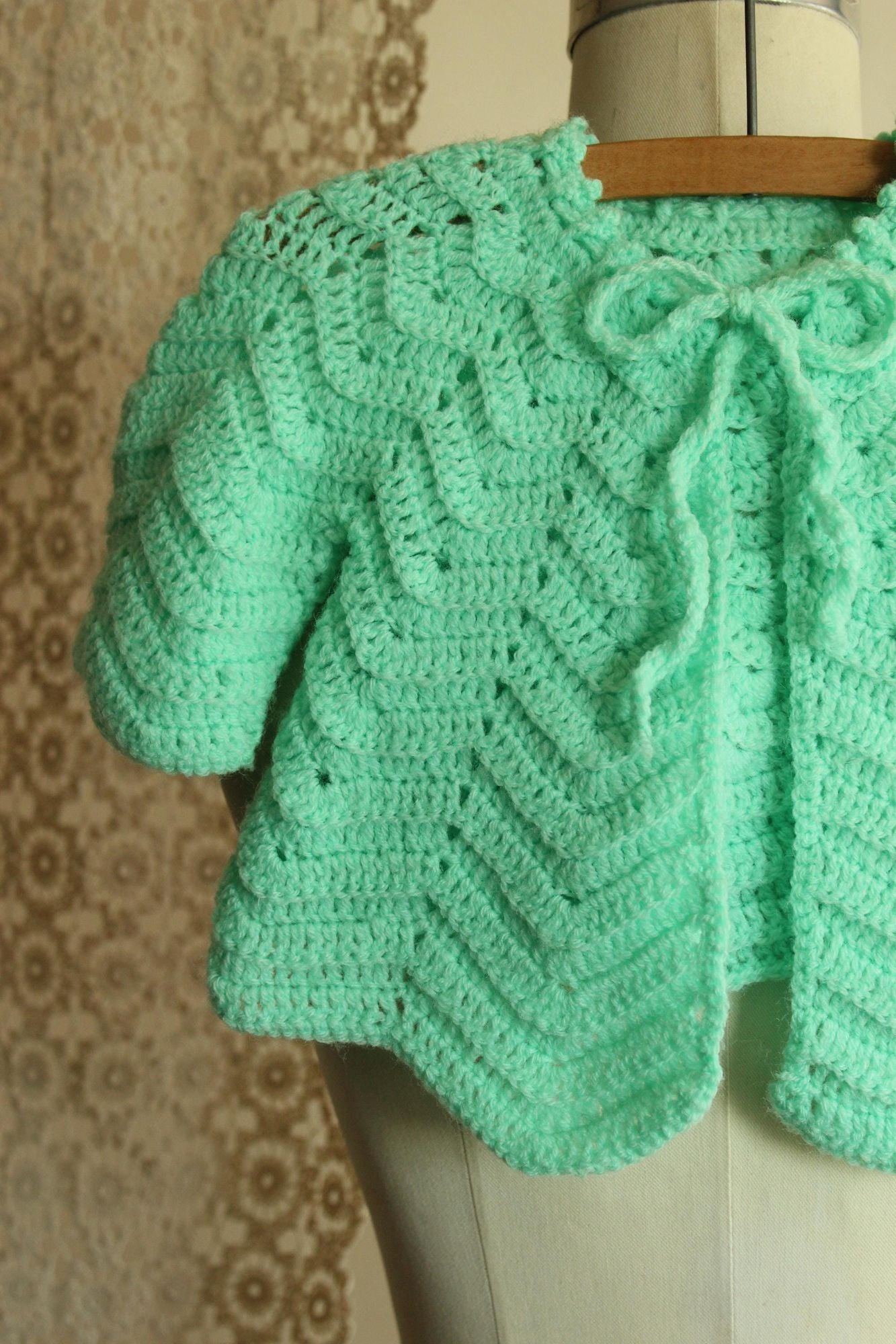 Vintage 1950s Mint Green Knit Baby Cardigan with Tie Neck