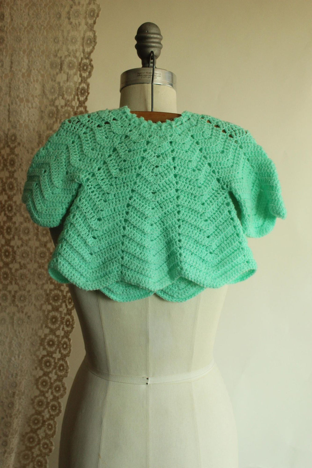 Vintage 1950s Mint Green Knit Baby Cardigan with Tie Neck