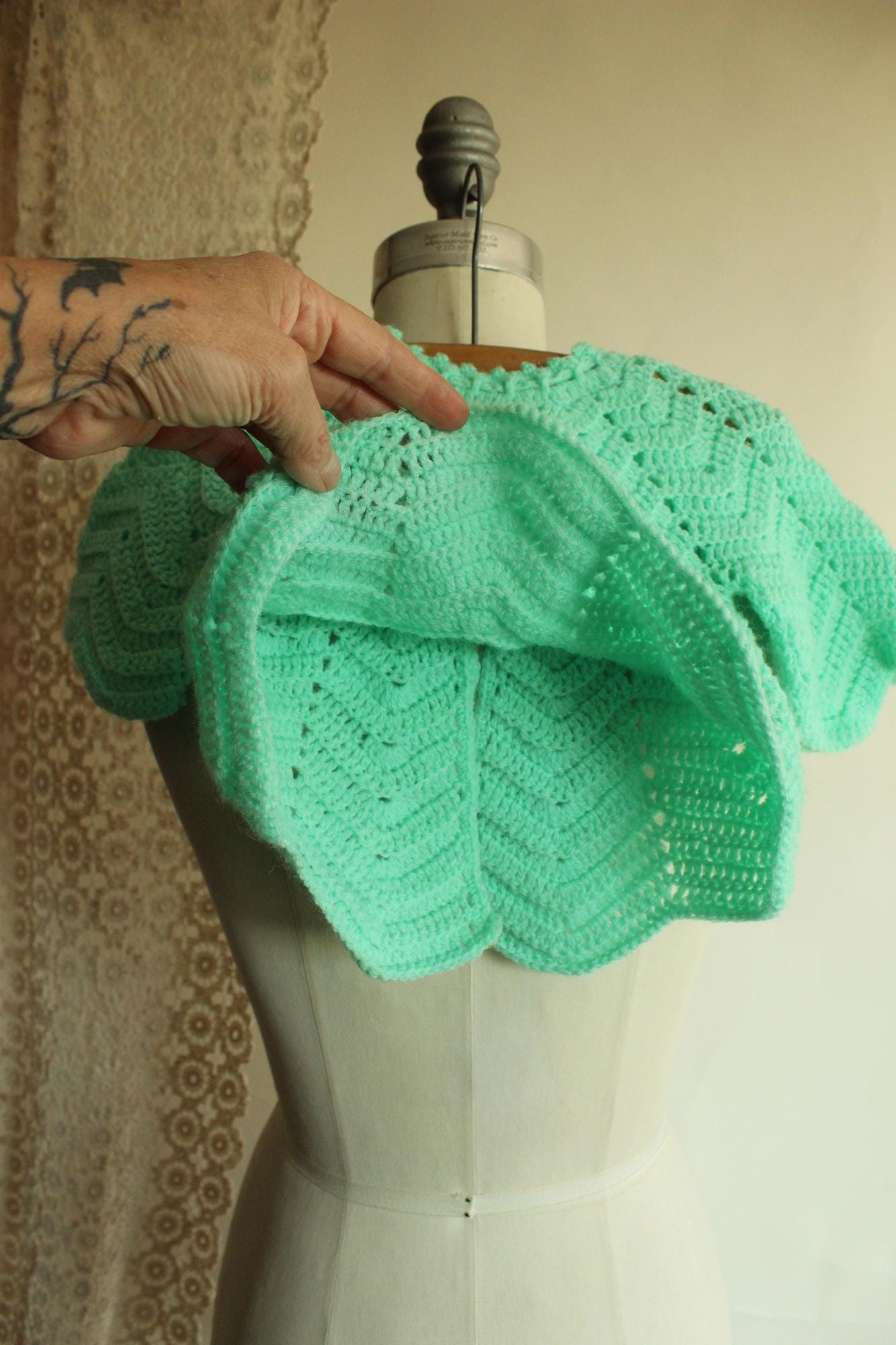 Vintage 1950s Mint Green Knit Baby Cardigan with Tie Neck