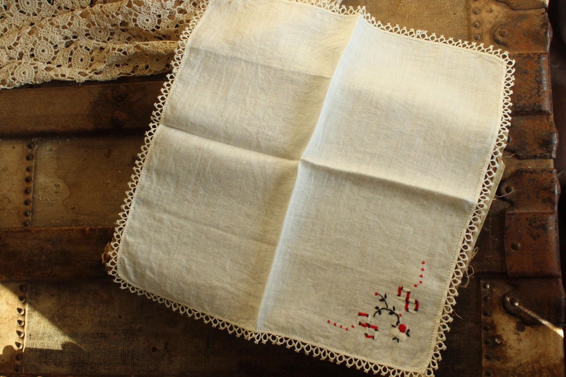Vintage 1940s Handkerchief Embroidered with Black and Red Flowers