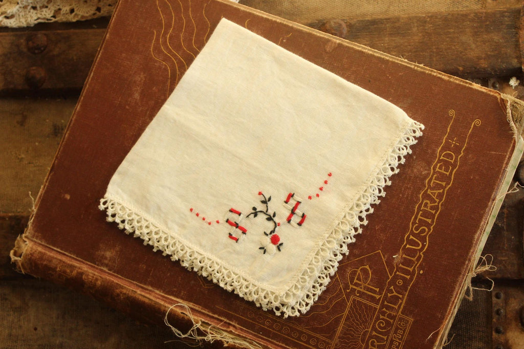 Vintage 1940s Handkerchief Embroidered with Black and Red Flowers