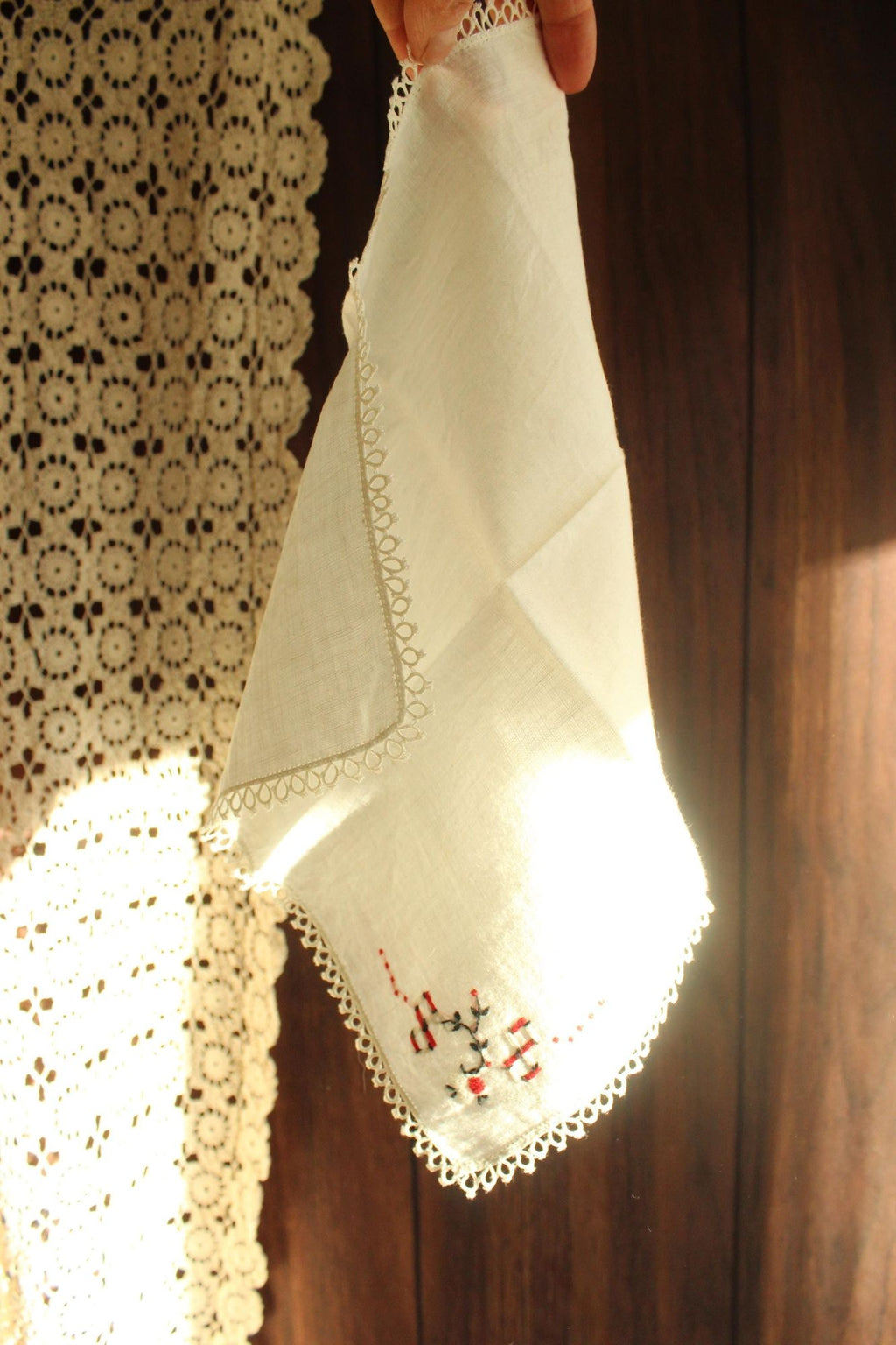 Vintage 1940s Handkerchief Embroidered with Black and Red Flowers