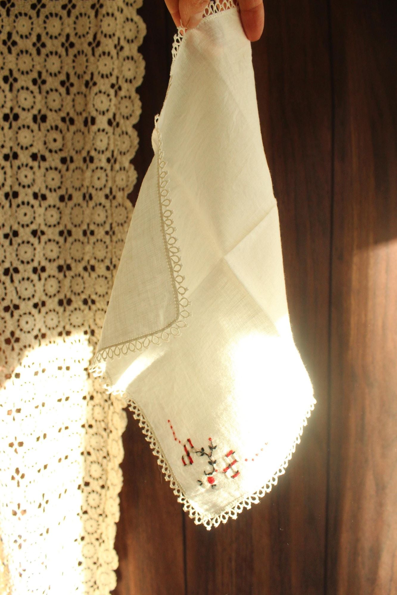 Vintage 1940s Handkerchief Embroidered with Black and Red Flowers