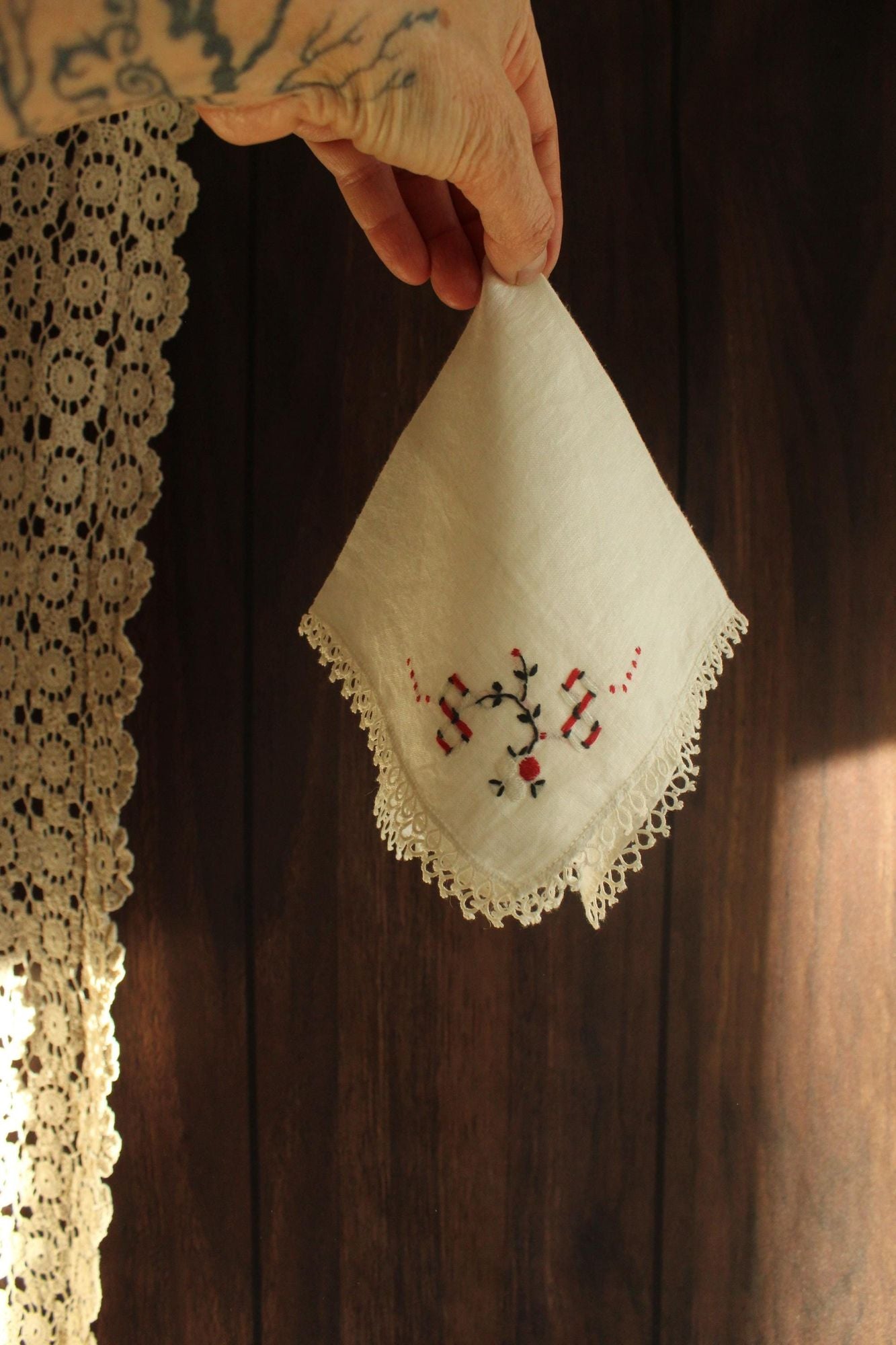 Vintage 1940s Handkerchief Embroidered with Black and Red Flowers