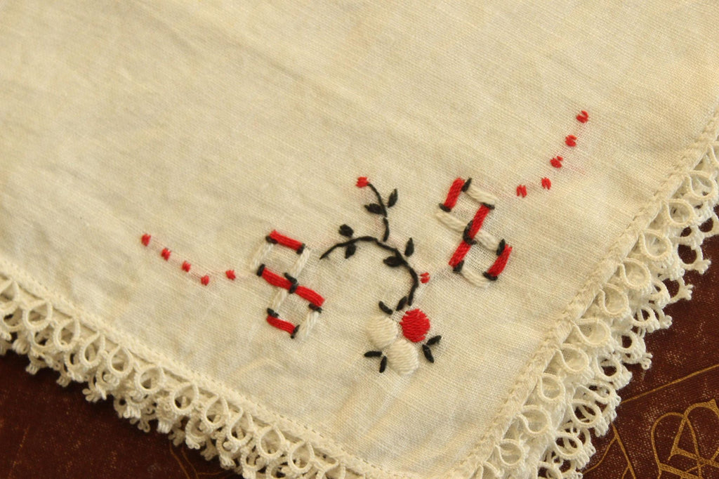 Vintage 1940s Handkerchief Embroidered with Black and Red Flowers