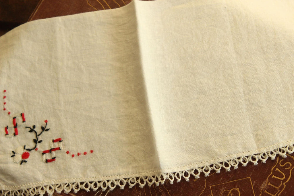 Vintage 1940s Handkerchief Embroidered with Black and Red Flowers