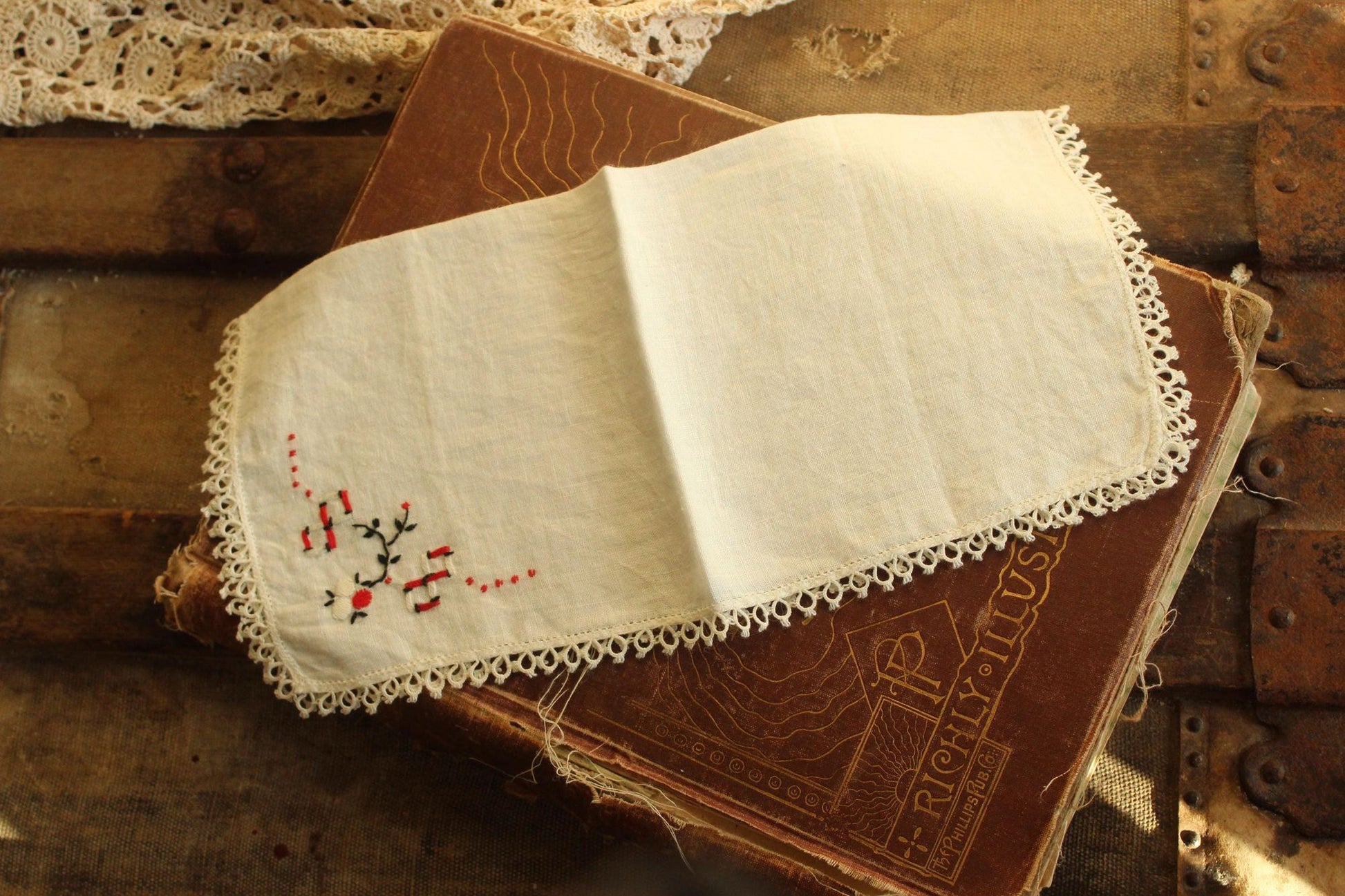 Vintage 1940s Handkerchief Embroidered with Black and Red Flowers