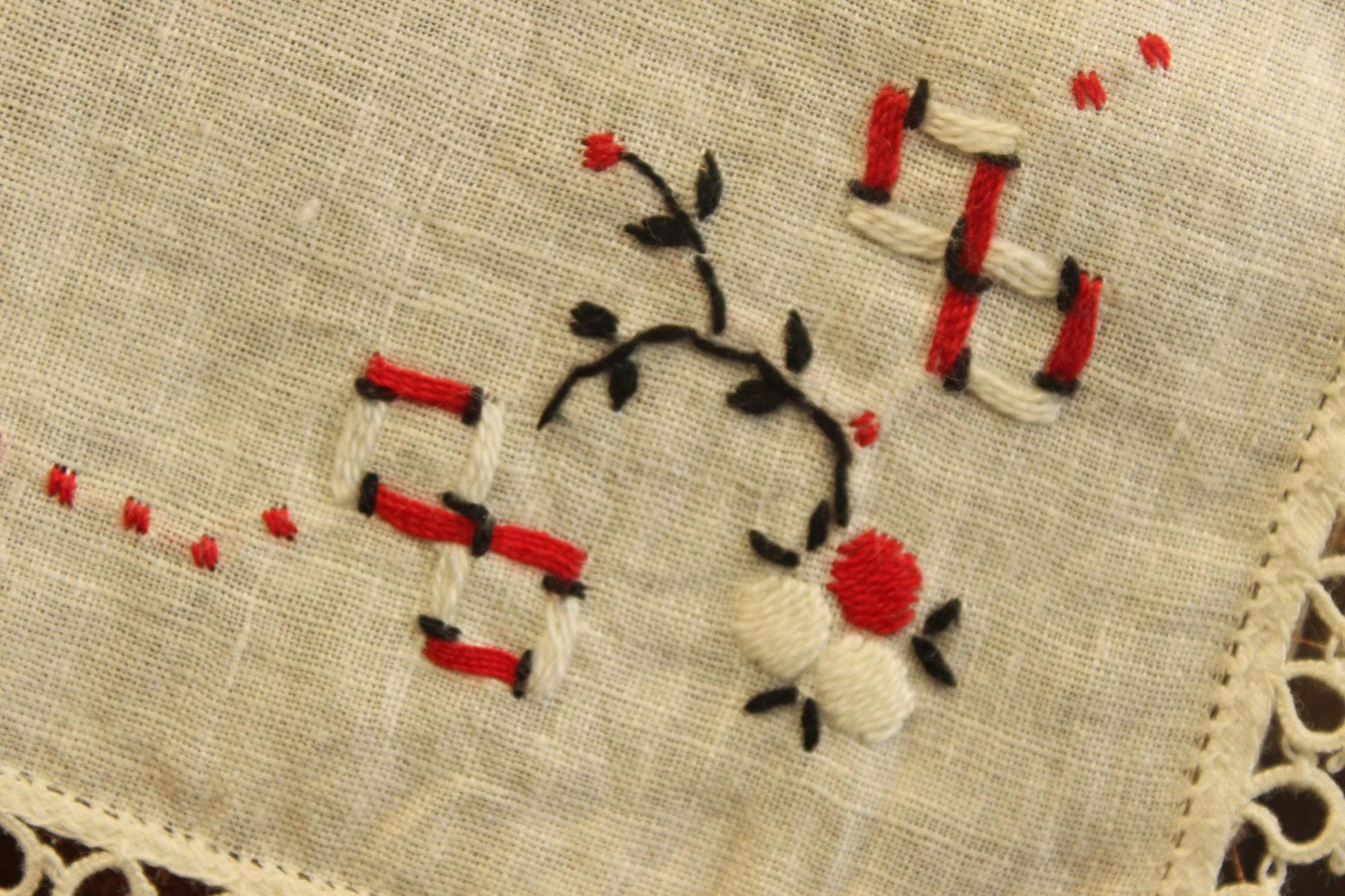 Vintage 1940s Handkerchief Embroidered with Black and Red Flowers