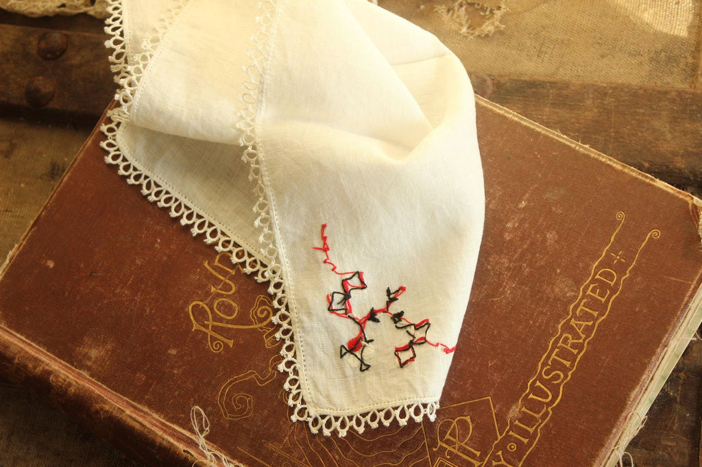 Vintage 1940s Handkerchief Embroidered with Black and Red Flowers