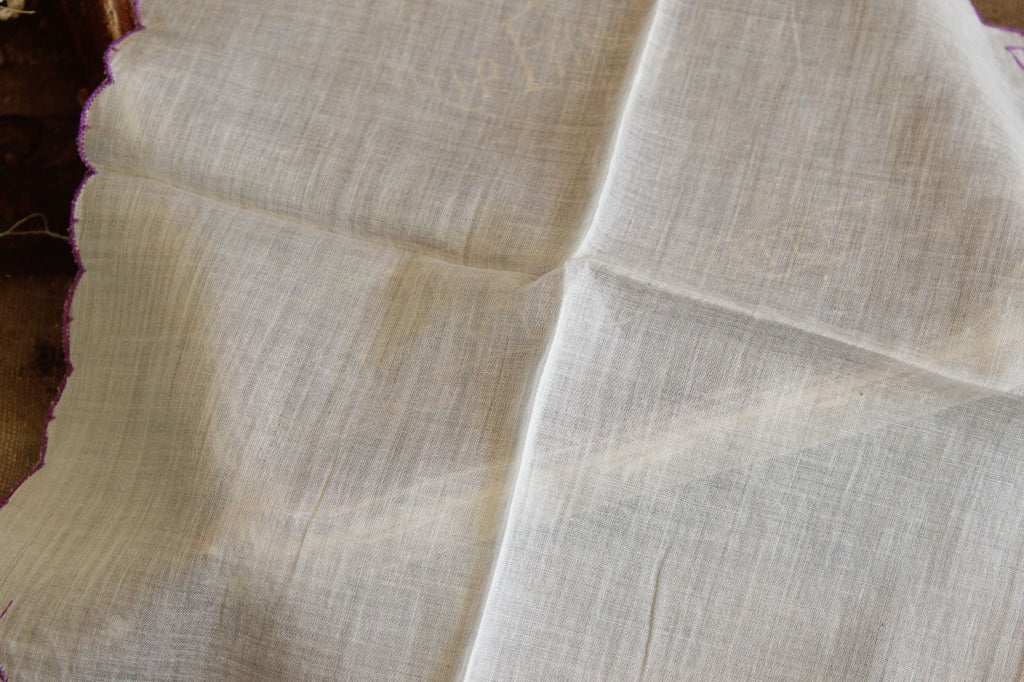 Vintage Purple Flower Embroidery on White Cotton Hanky