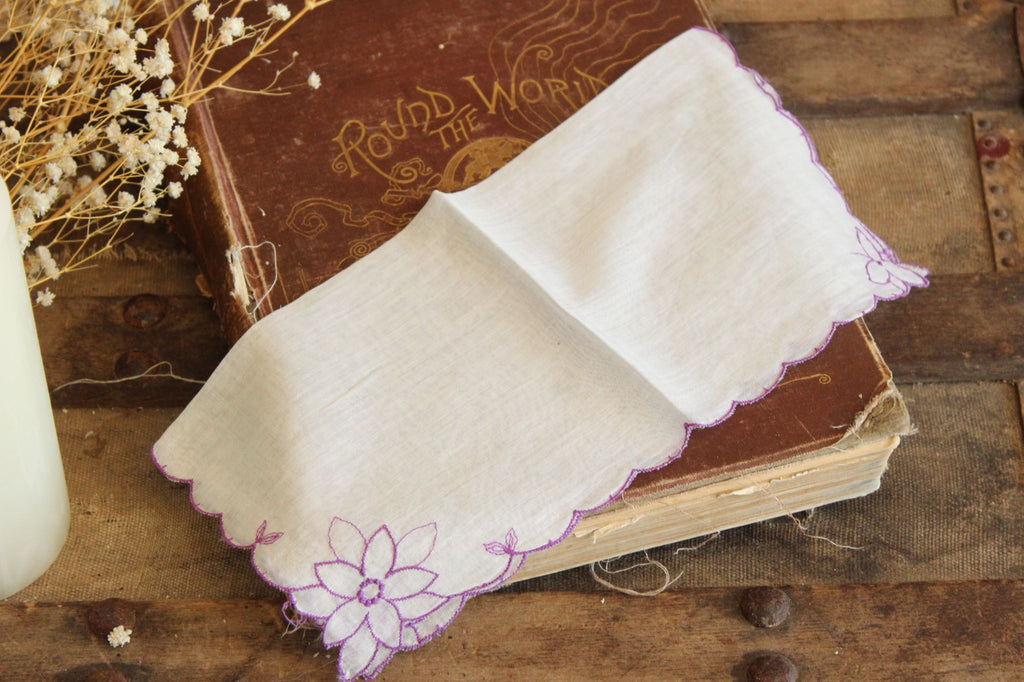 Vintage Purple Flower Embroidery on White Cotton Hanky