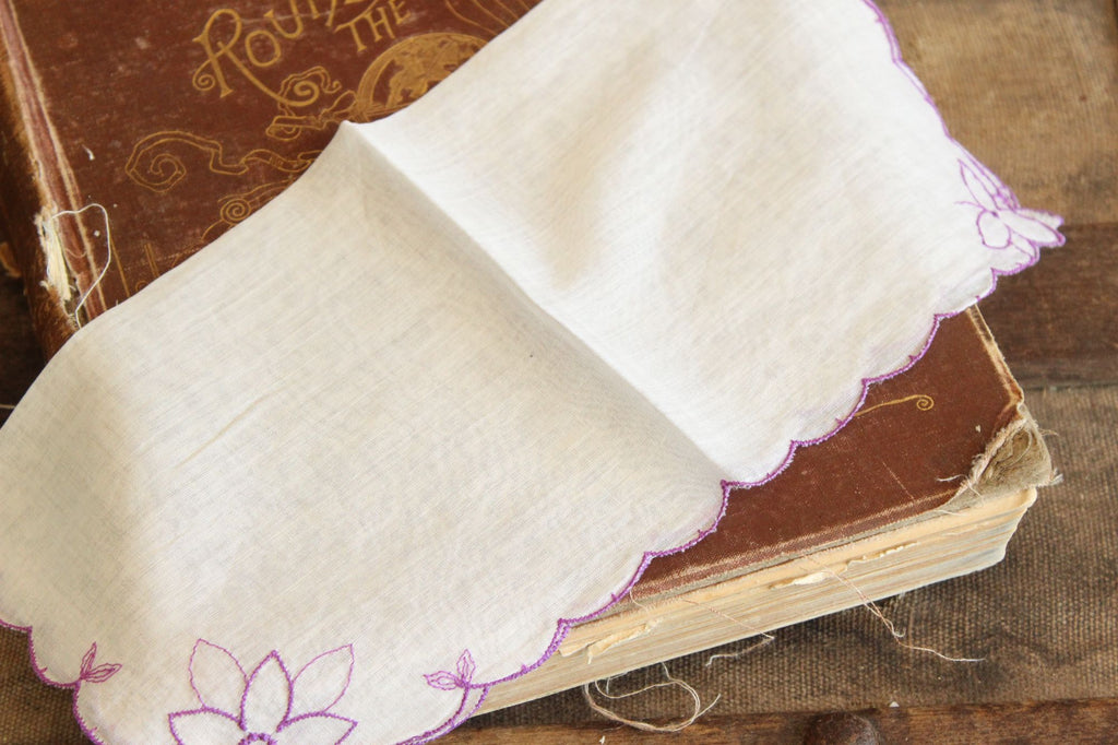 Vintage Purple Flower Embroidery on White Cotton Hanky