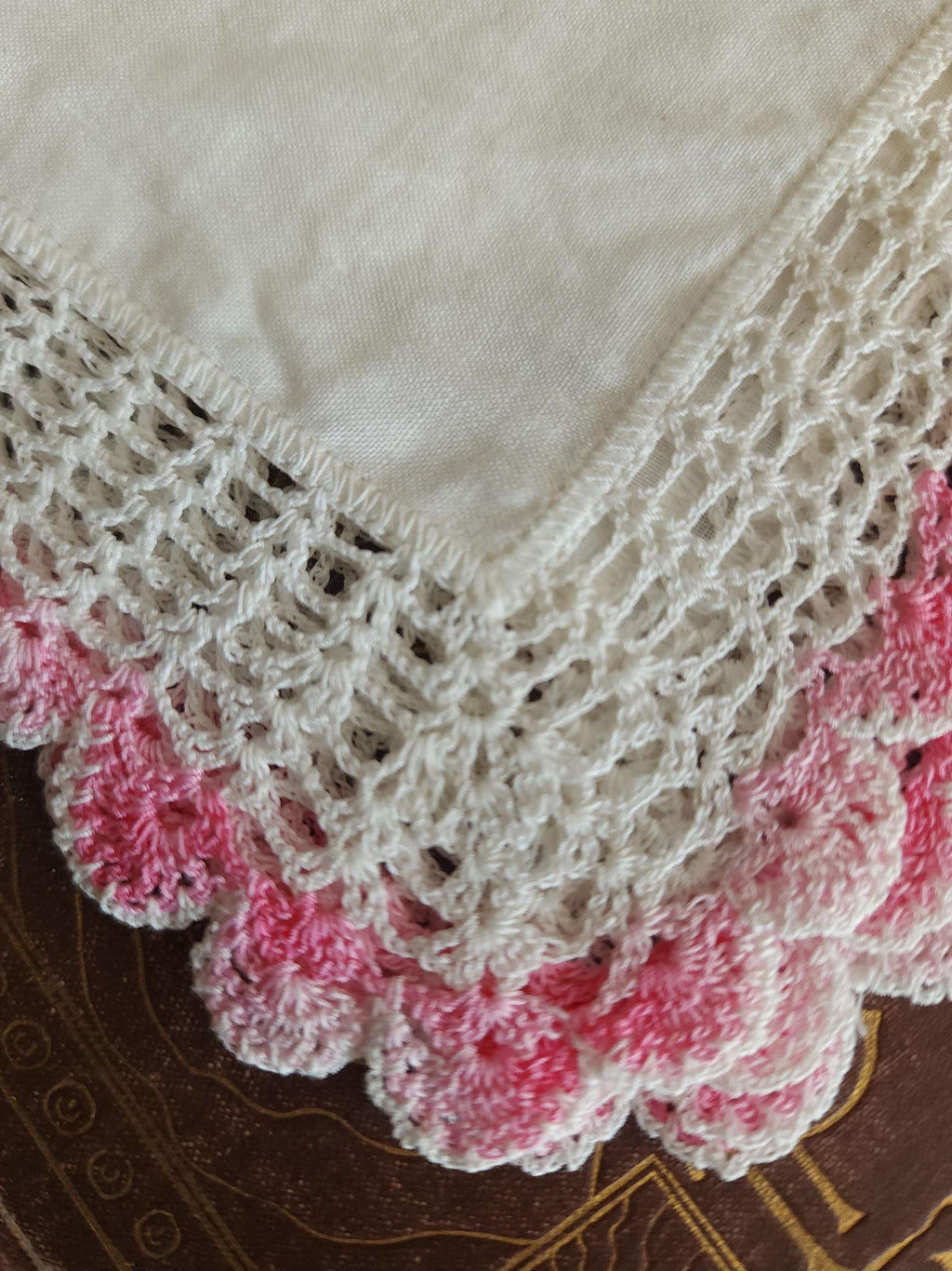 Vintage 1940s 1950s Handkerchief, Pink Crochet Lace Edge Hankie in White Linen