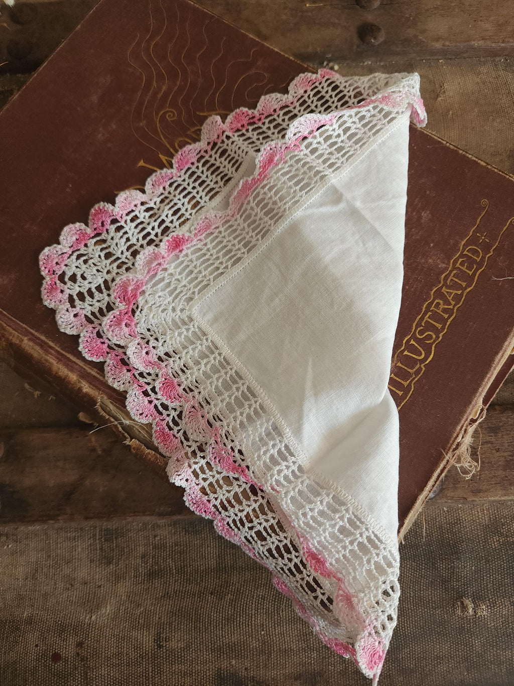 Vintage 1940s 1950s Handkerchief, Pink Crochet Lace Edge Hankie in White Linen