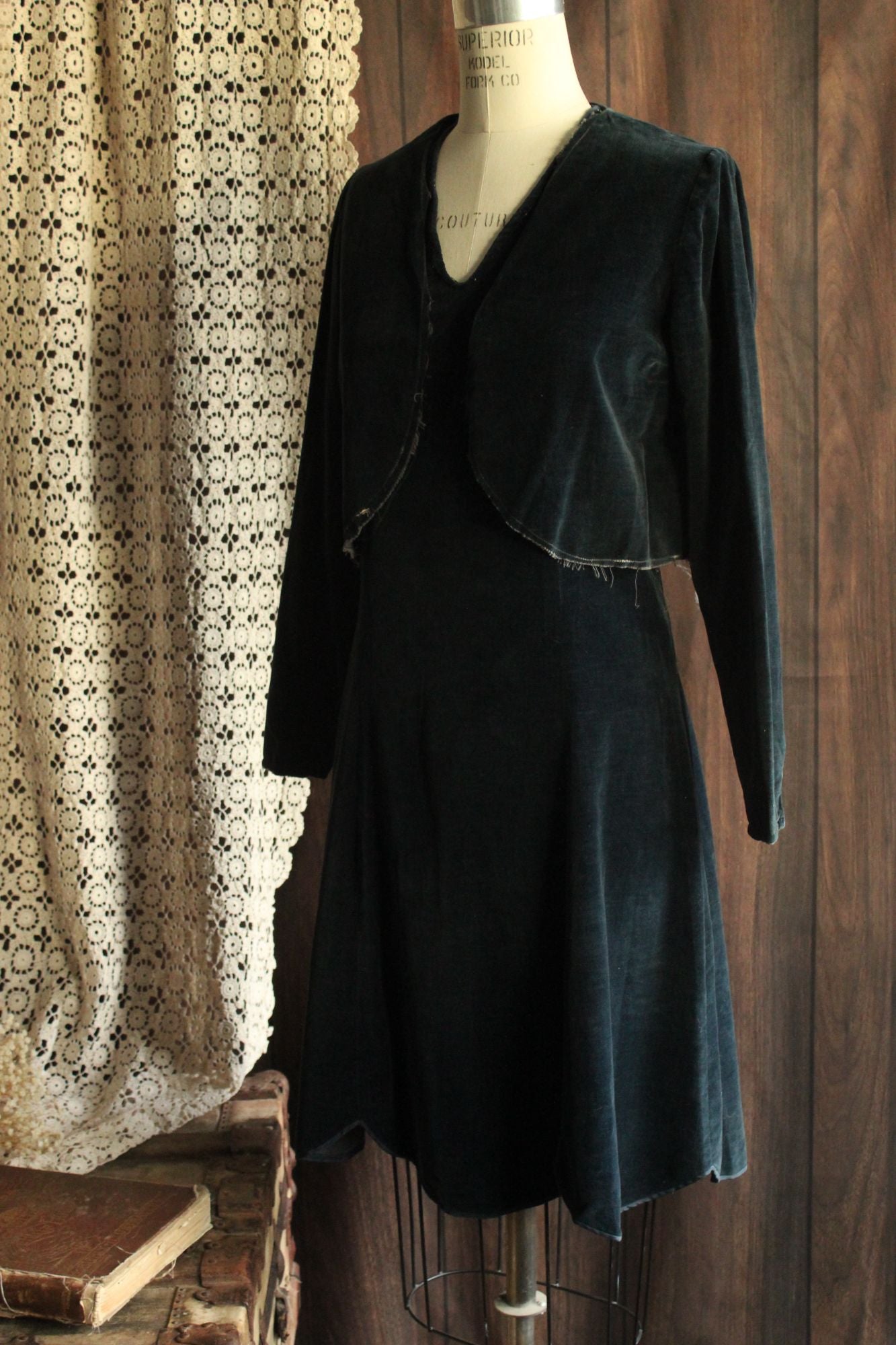 Vintage 1920s Navy Blue Velvet Dress and Bolero Jacket
