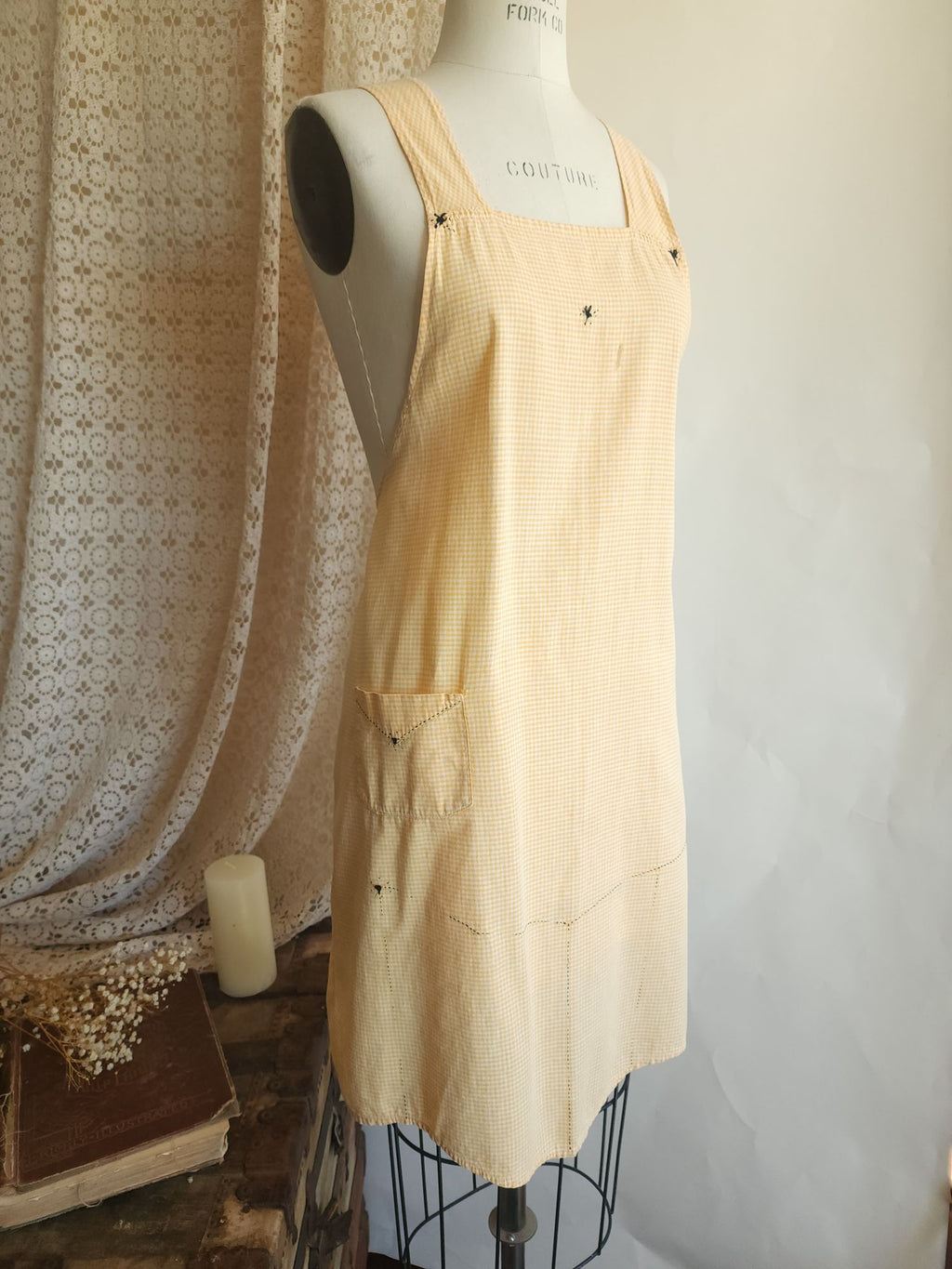 Vintage 1940s 1950s Orange Gingham Pinafore Apron With Pocket