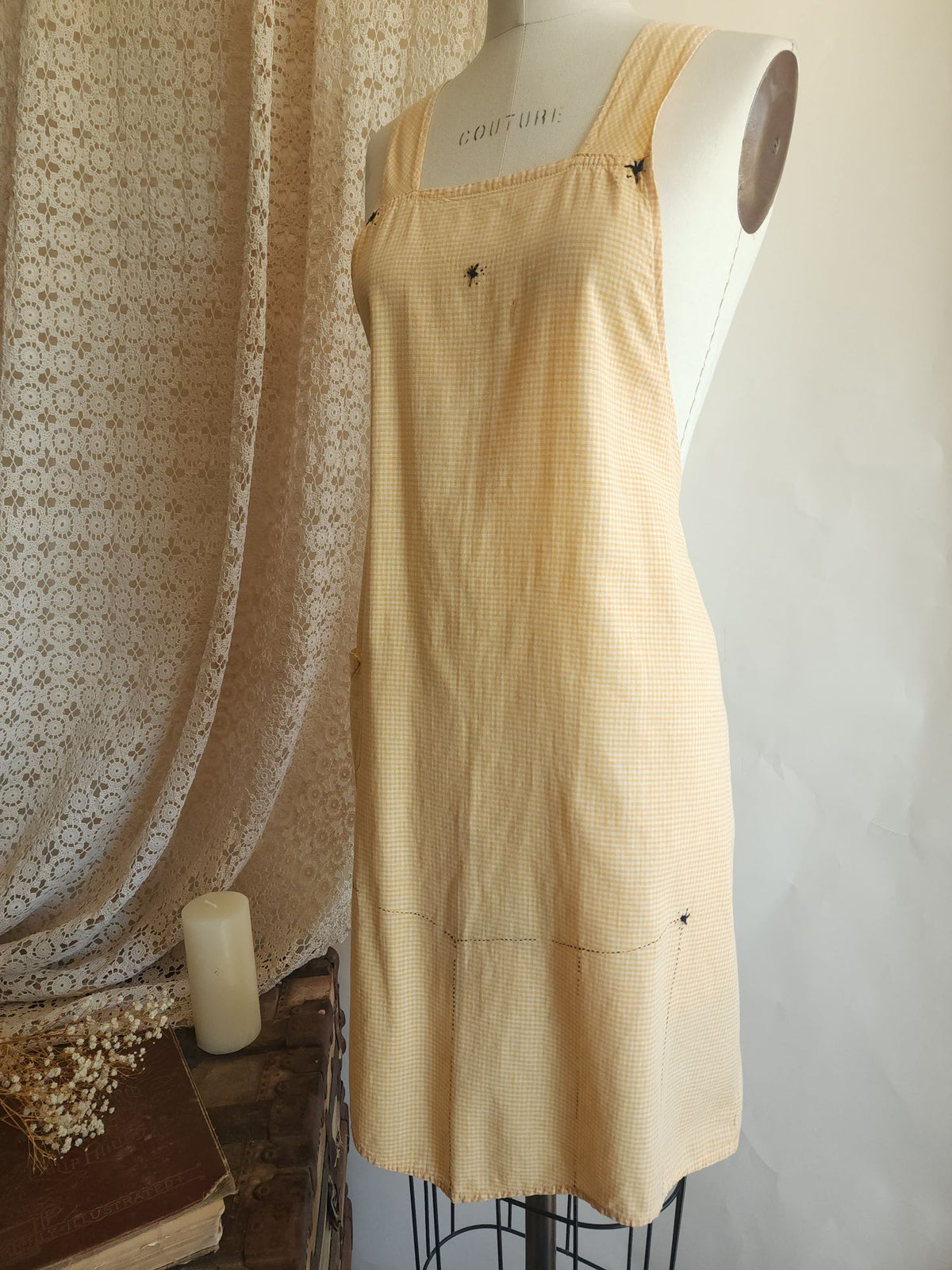 Vintage 1940s 1950s Orange Gingham Pinafore Apron With Pocket