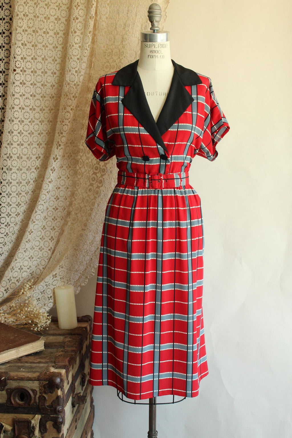 Vintage 1980's 1990s Red Grey Black Plaid Dress with Belt