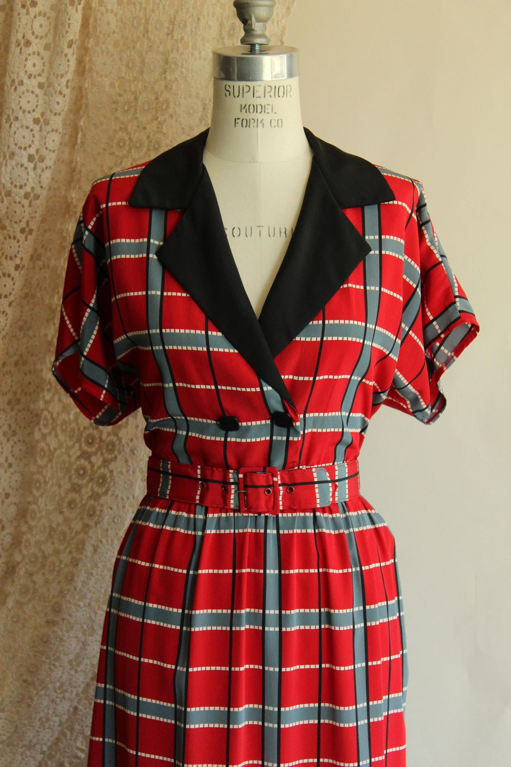Vintage 1980's 1990s Red Grey Black Plaid Dress with Belt