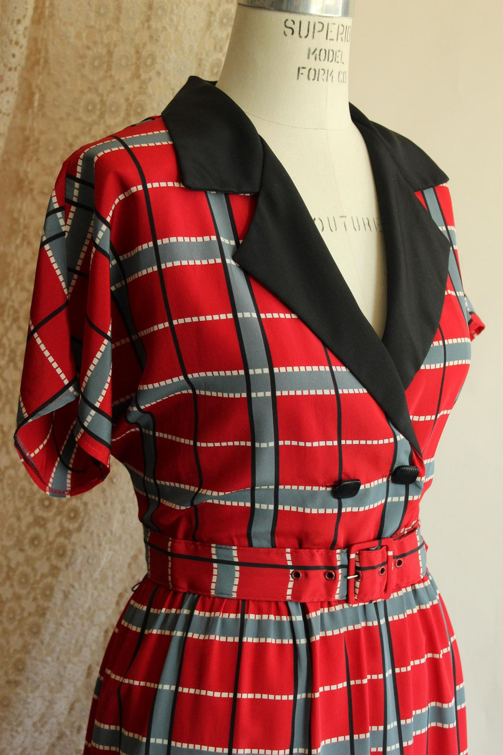 Vintage 1980's 1990s Red Grey Black Plaid Dress with Belt
