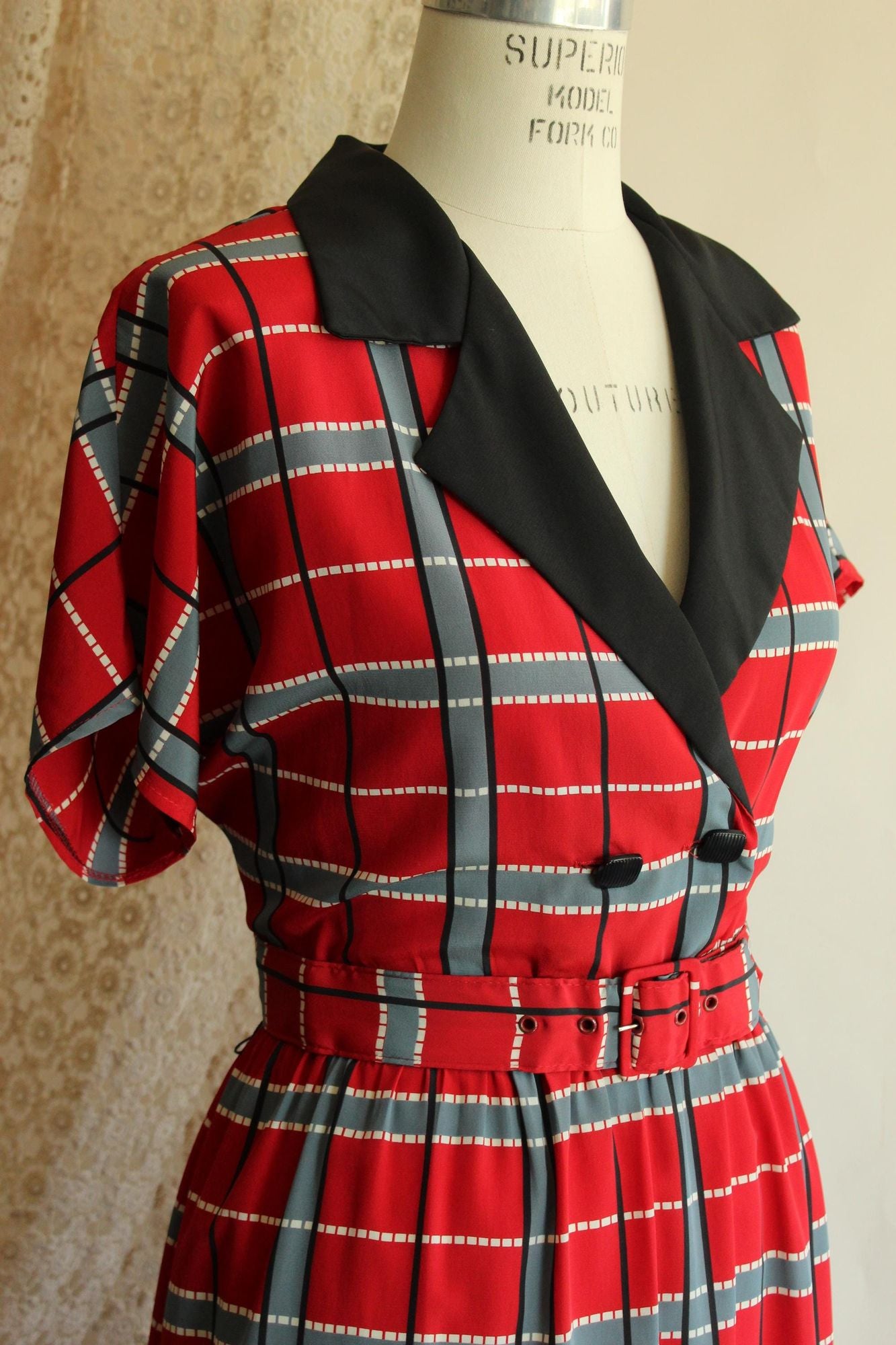 Vintage 1980's 1990s Red Grey Black Plaid Dress with Belt