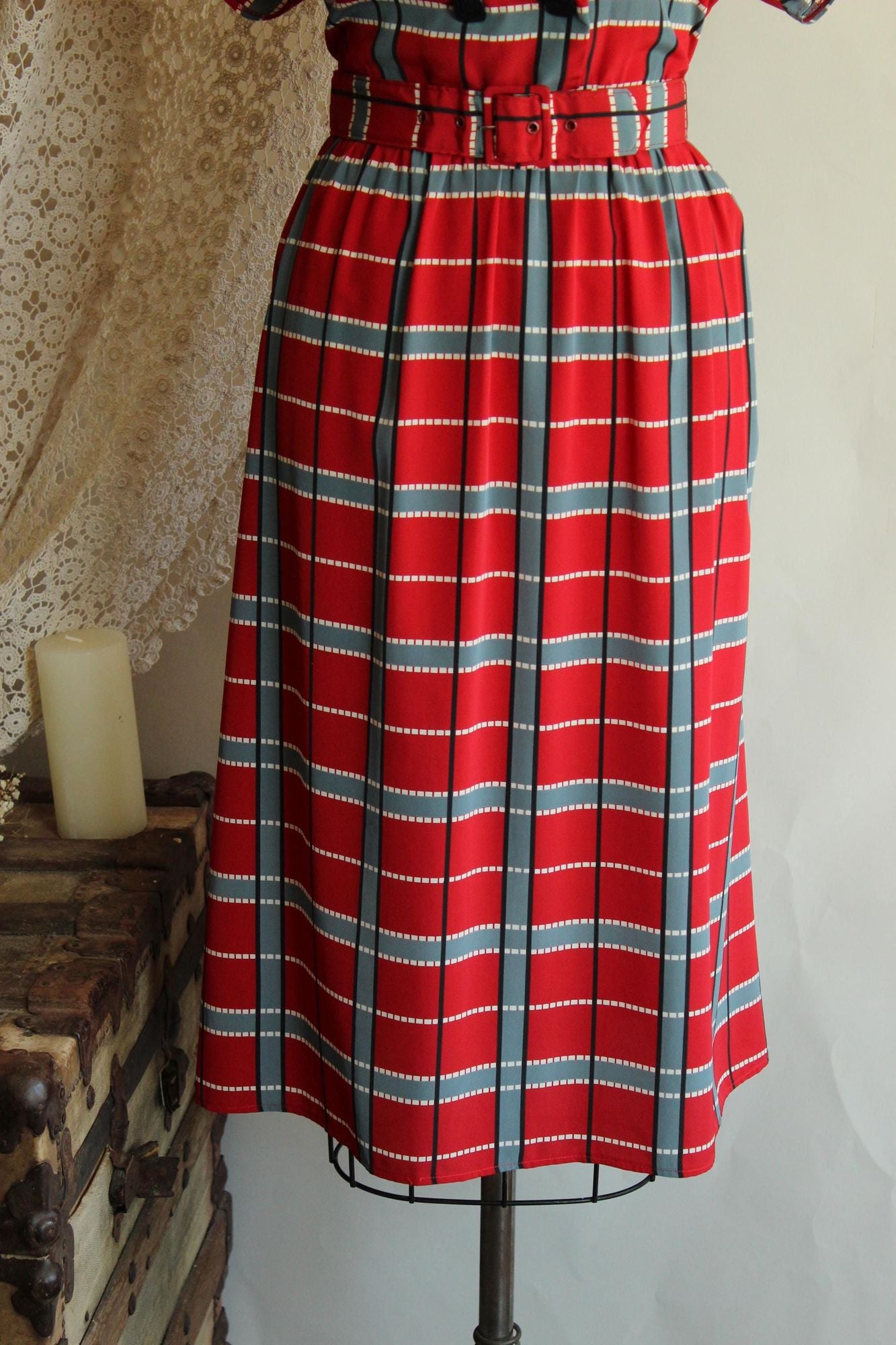 Vintage 1980's 1990s Red Grey Black Plaid Dress with Belt
