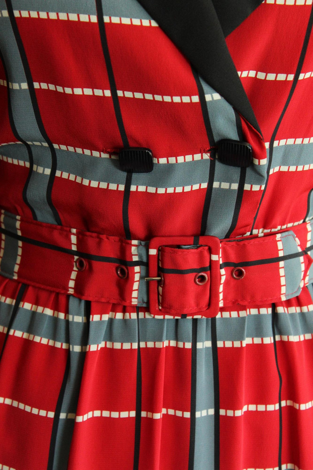 Vintage 1980's 1990s Red Grey Black Plaid Dress with Belt